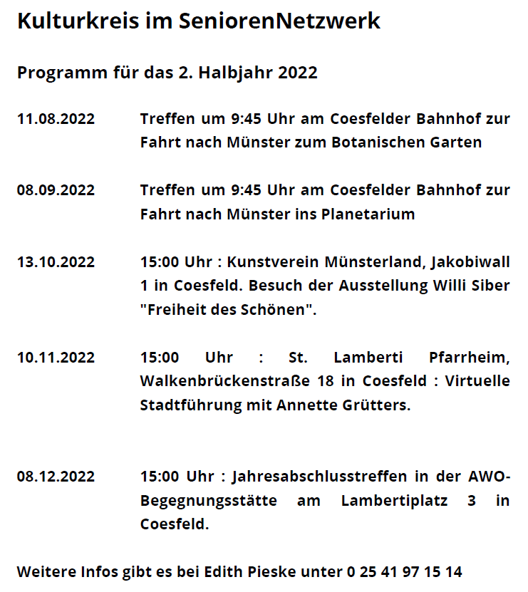 Kulturkreis SeniorenNetzwerk Coesfeld eV Programm II Halbjahr 2022