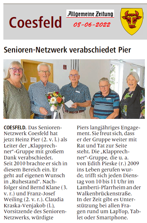 2022 06 08 SeniorenNetzwerk verabschiedet Heinz Pier AZ Bericht