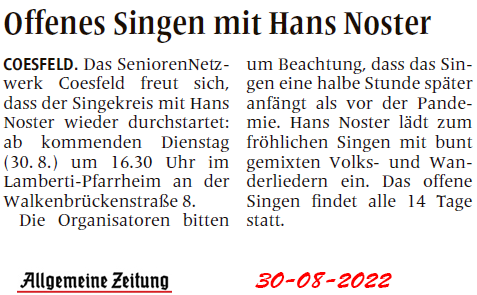 2022 08 30 Offenes Singen mit Hans Noster AZ Bericht SeniorenNetzwerk Coesfeld